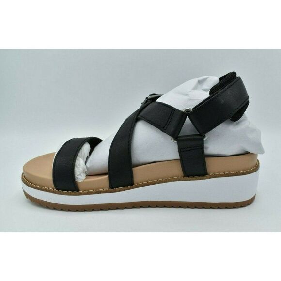 Women Lucky Brand Women Size 8 Idenia Wedge Strappy Black Saddle Leather Sandal Shoe